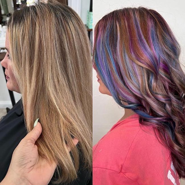 Before and after of colorful highlights done at Beauty on Broadway