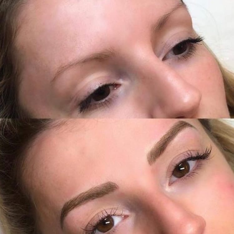 Before and after of a woman getting permanent makeup done on her eyebrows